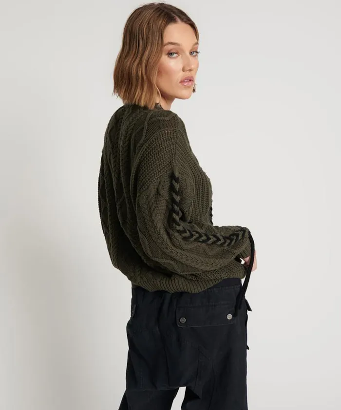 Women MILITARY KHAKI THREADED CABLE SWEATER One Teaspoon Knitwear