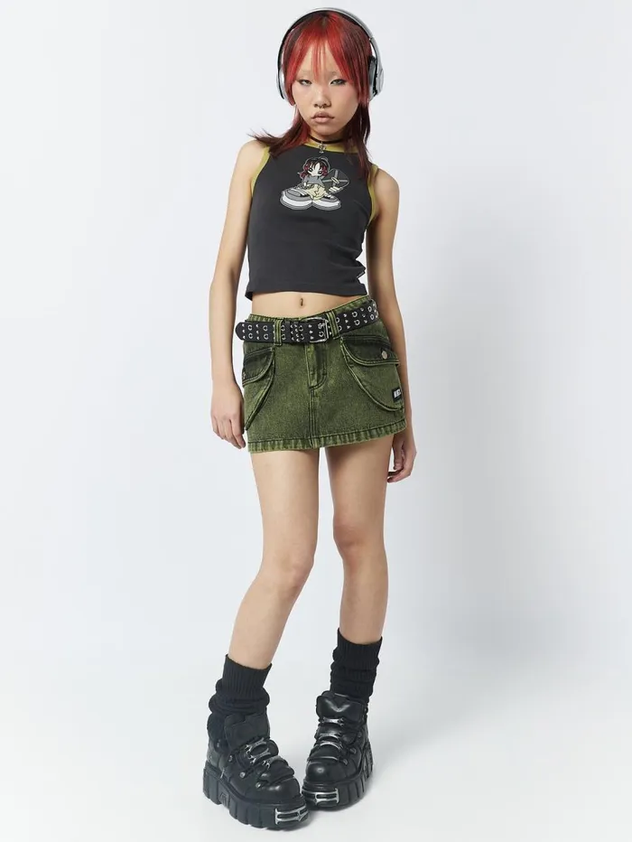 Women Minga London Bottoms Ashley Washed Green Mini Cargo Skirt