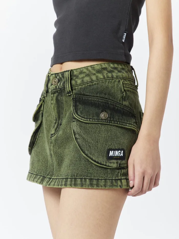 Women Minga London Bottoms Ashley Washed Green Mini Cargo Skirt