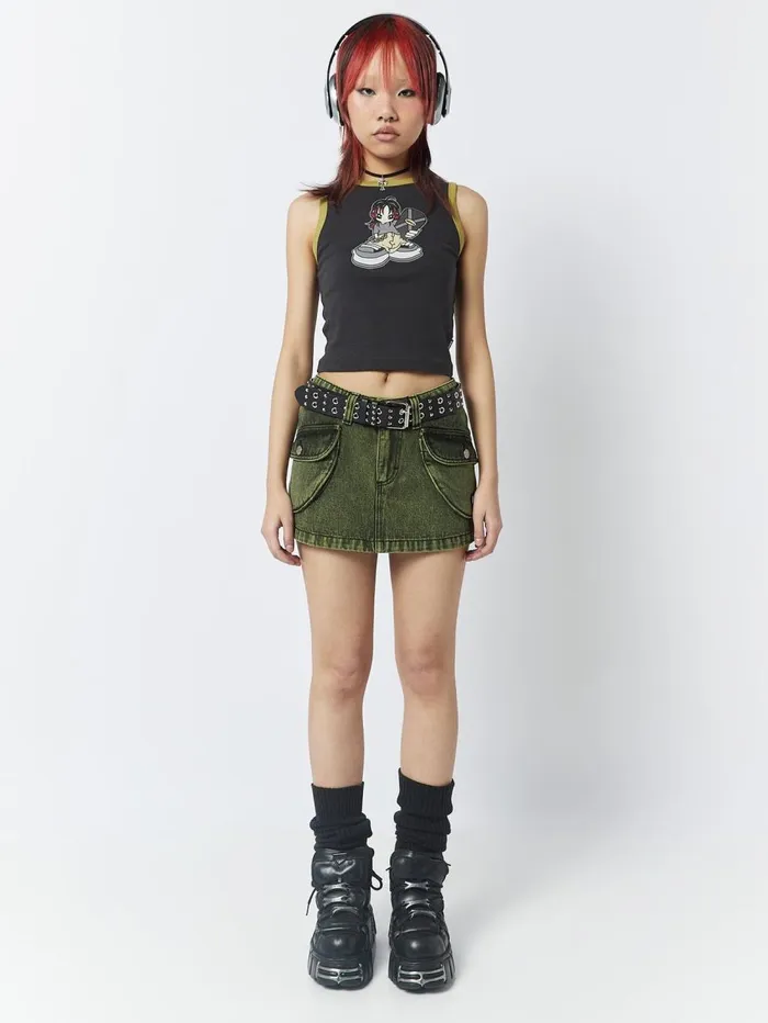 Women Minga London Bottoms Ashley Washed Green Mini Cargo Skirt