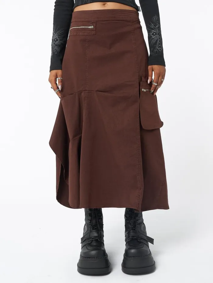 Women Minga London Bottoms Lexi Brown Tech Cargo Maxi Skirt