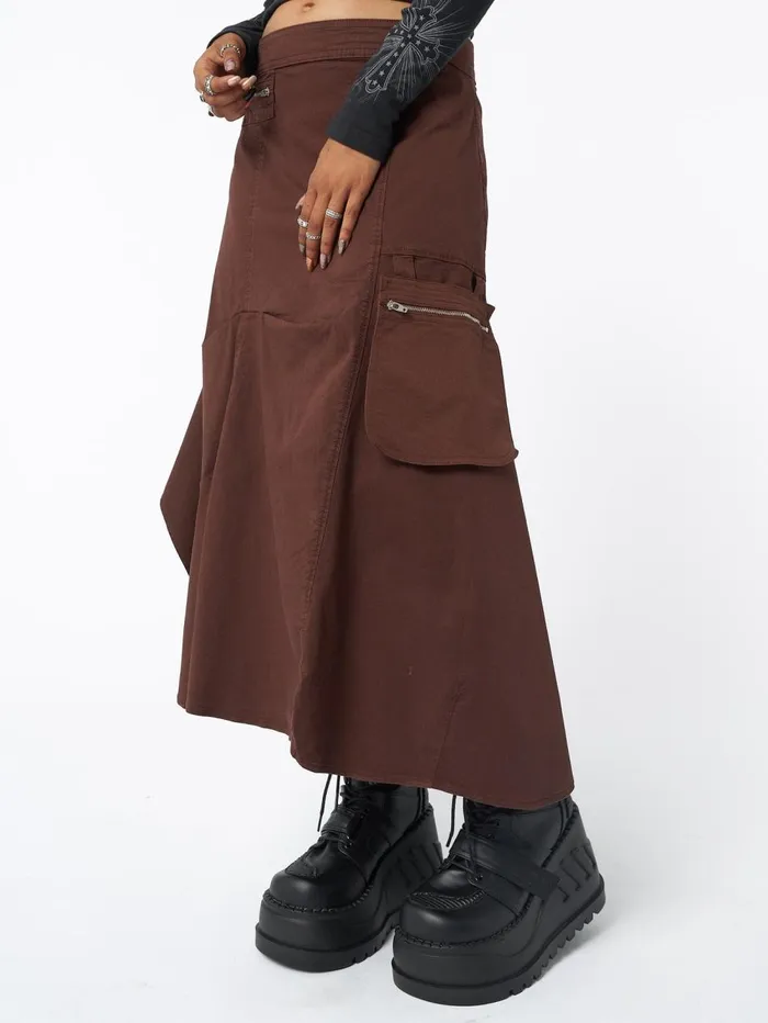 Women Minga London Bottoms Lexi Brown Tech Cargo Maxi Skirt
