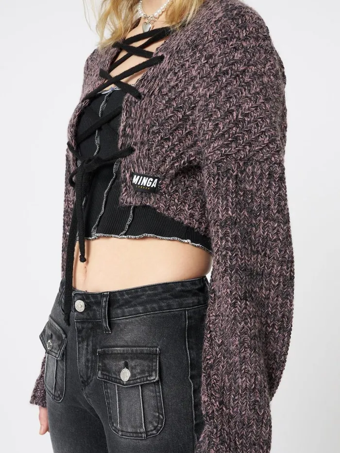 Women Minga London Knitwear Arabella Mauve Knitted Lace Up Cardigan