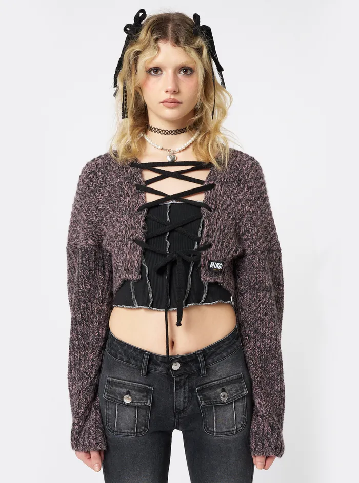 Women Minga London Knitwear Arabella Mauve Knitted Lace Up Cardigan