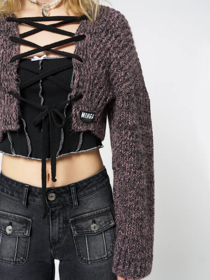 Women Minga London Knitwear Arabella Mauve Knitted Lace Up Cardigan