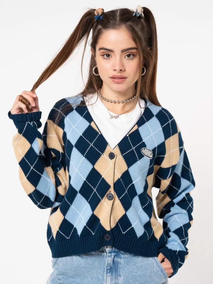 Women Minga London Knitwear Blue Beige Argyle Knitted Cardigan