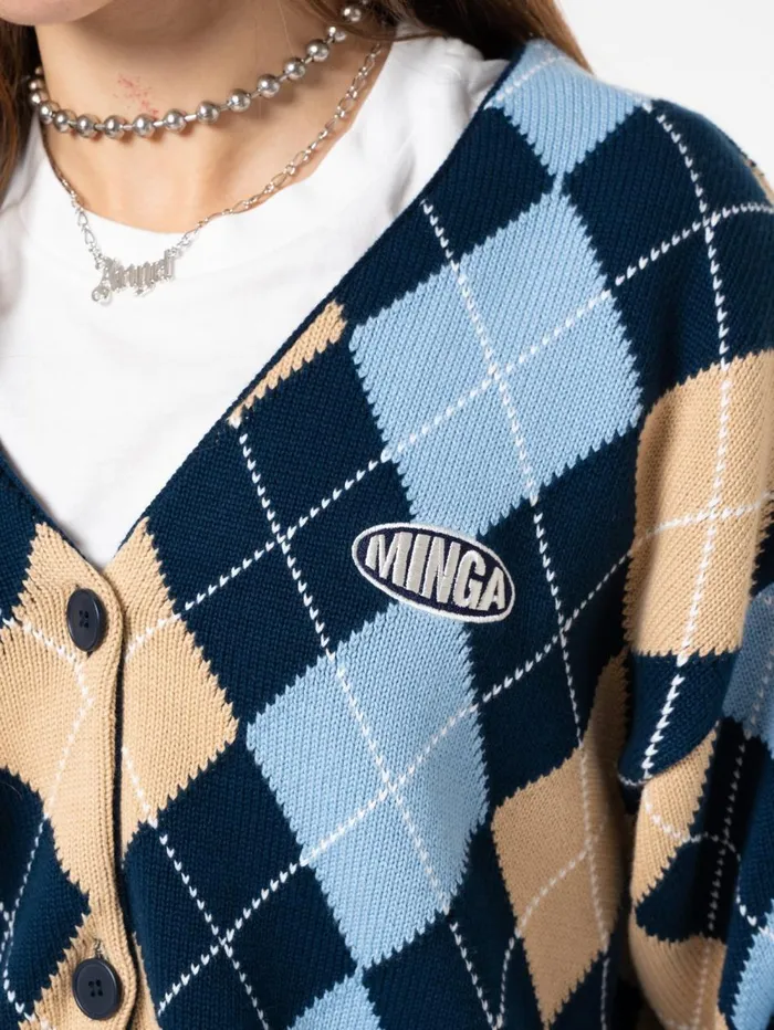 Women Minga London Knitwear Blue Beige Argyle Knitted Cardigan