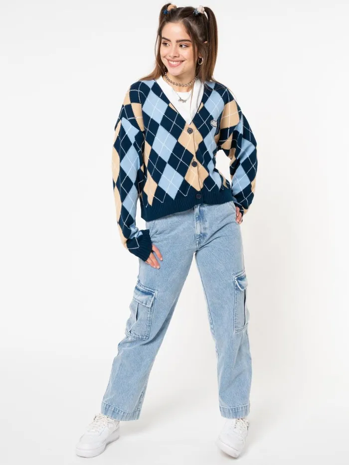 Women Minga London Knitwear Blue Beige Argyle Knitted Cardigan