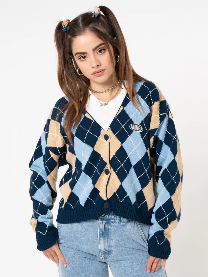Women Minga London Knitwear Blue Beige Argyle Knitted Cardigan