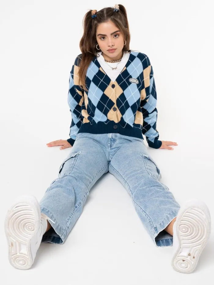 Women Minga London Knitwear Blue Beige Argyle Knitted Cardigan