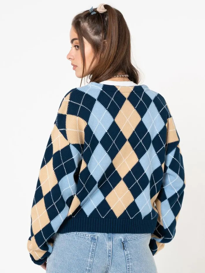 Women Minga London Knitwear Blue Beige Argyle Knitted Cardigan