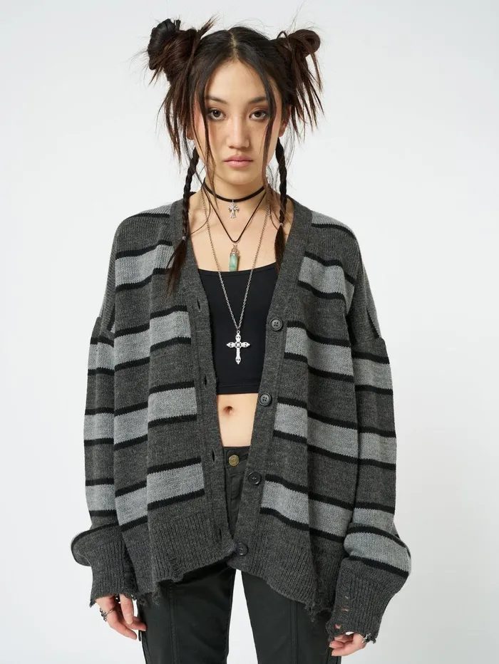 Women Minga London Knitwear Neesa Grey and Black Stripe Knit Cardigan