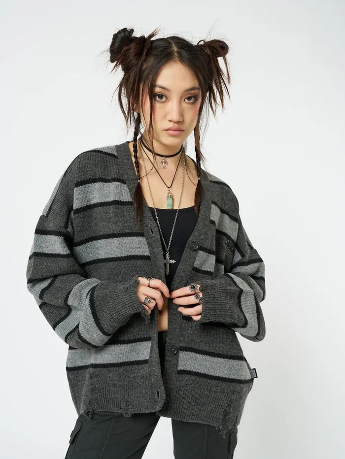 Women Minga London Knitwear Neesa Grey and Black Stripe Knit Cardigan