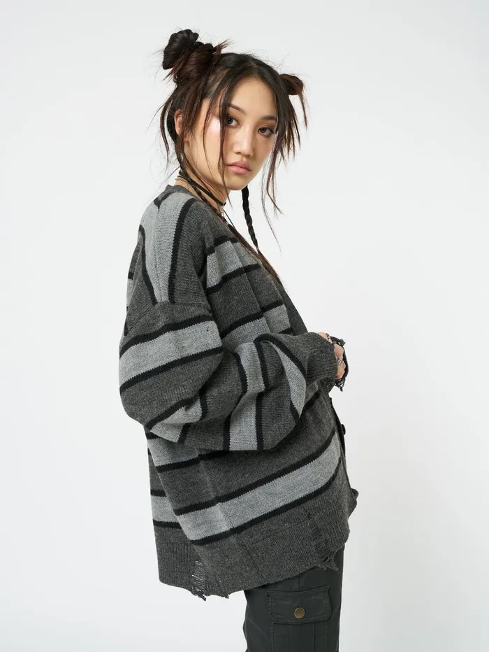Women Minga London Knitwear Neesa Grey and Black Stripe Knit Cardigan