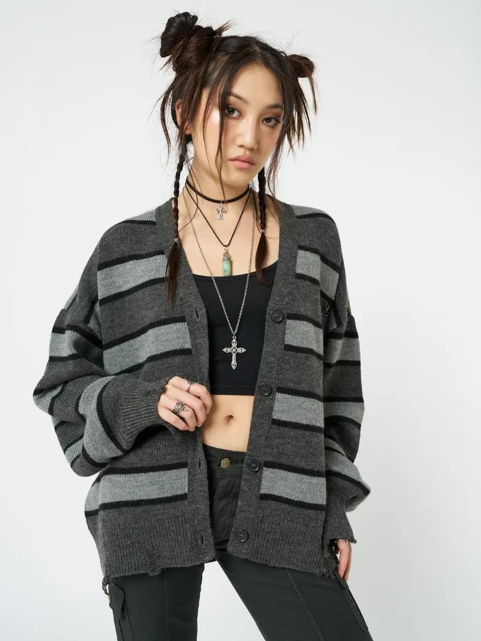 Women Minga London Knitwear Neesa Grey and Black Stripe Knit Cardigan