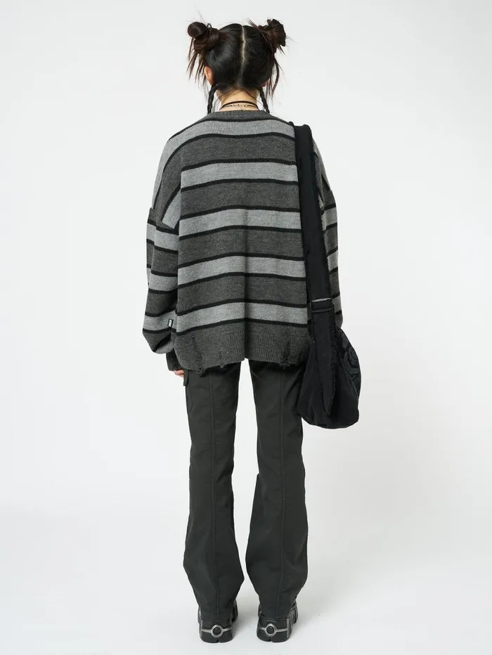 Women Minga London Knitwear Neesa Grey and Black Stripe Knit Cardigan