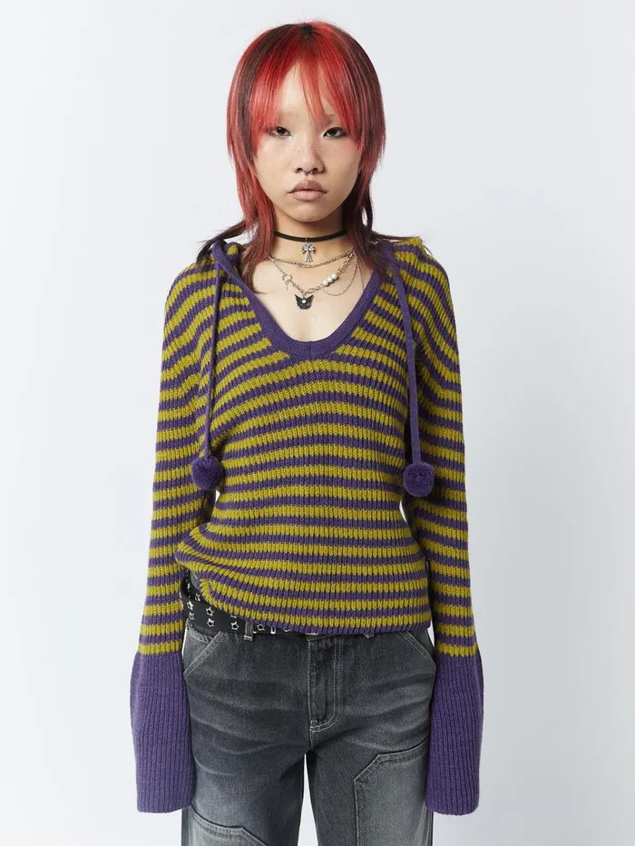 Women Minga London Knitwear Paige Yellow and Purple Knitted Hoodie