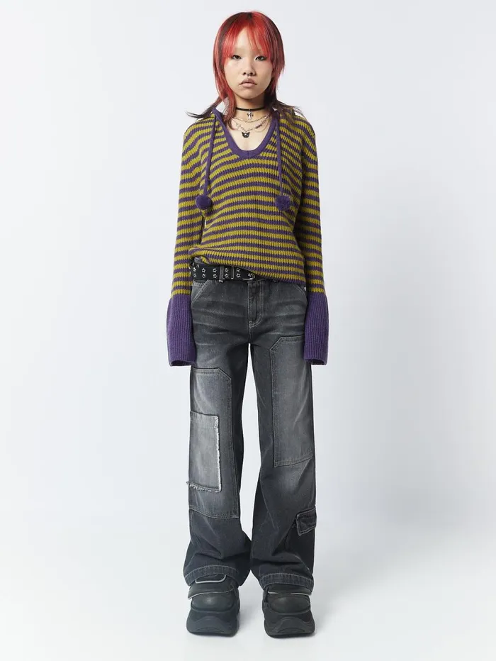 Women Minga London Knitwear Paige Yellow and Purple Knitted Hoodie