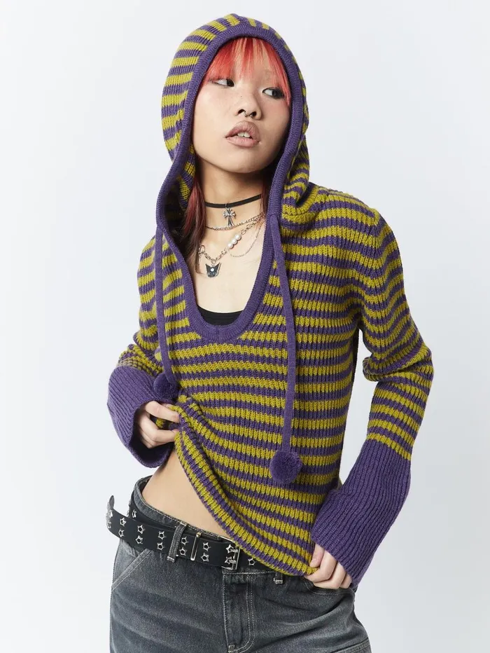 Women Minga London Knitwear Paige Yellow and Purple Knitted Hoodie