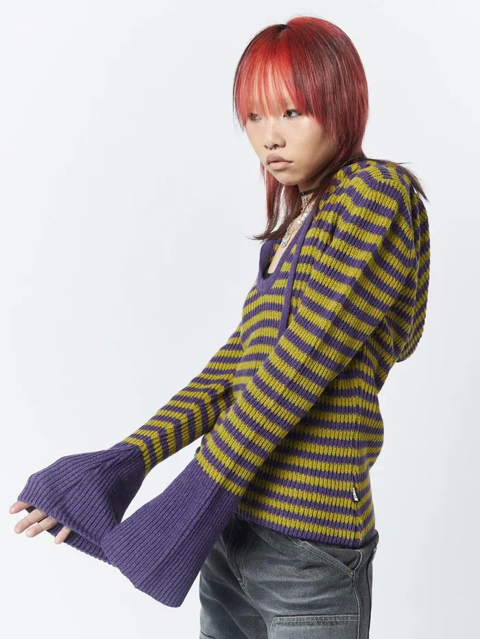 Women Minga London Knitwear Paige Yellow and Purple Knitted Hoodie