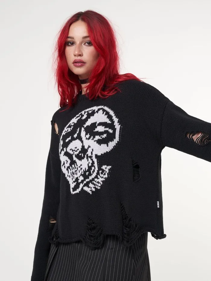Women Minga London Knitwear Skull Kid Black Distressed Jumper
