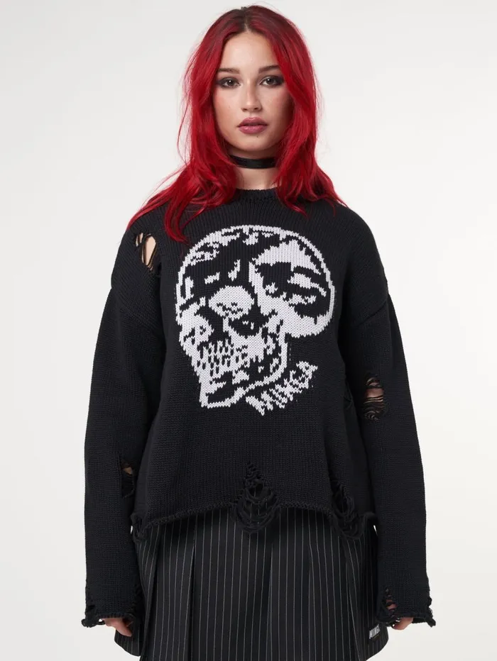 Women Minga London Knitwear Skull Kid Black Distressed Jumper