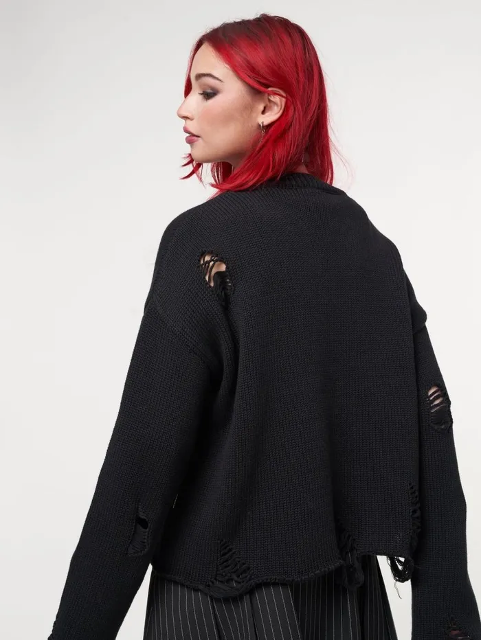 Women Minga London Knitwear Skull Kid Black Distressed Jumper