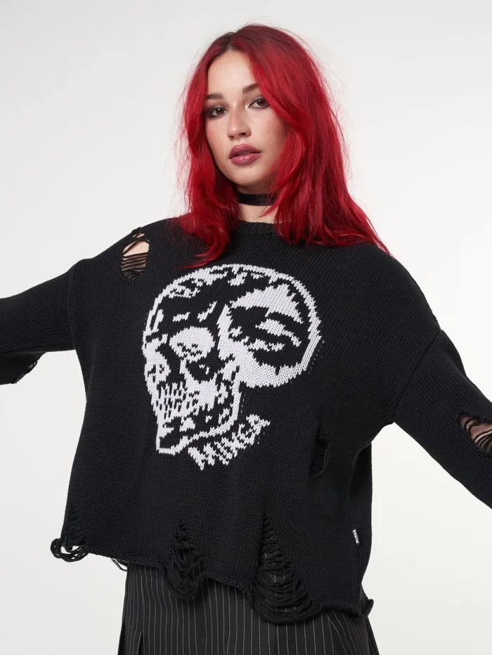 Women Minga London Knitwear Skull Kid Black Distressed Jumper