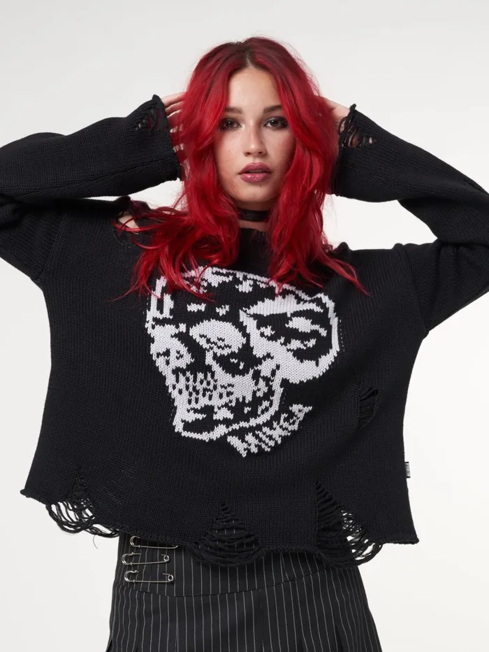 Women Minga London Knitwear Skull Kid Black Distressed Jumper