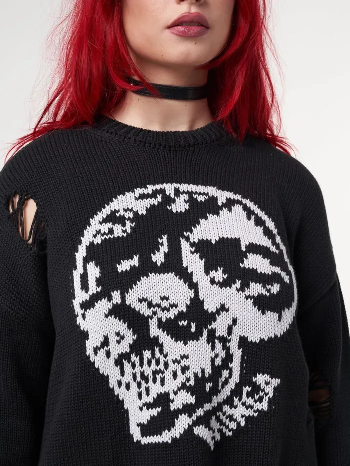 Women Minga London Knitwear Skull Kid Black Distressed Jumper