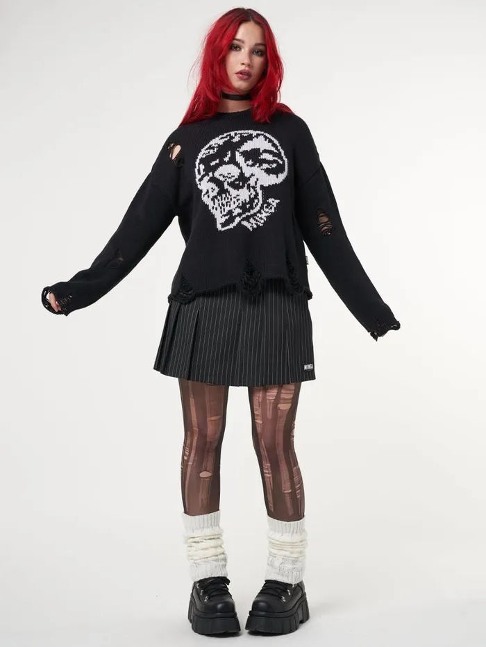 Women Minga London Knitwear Skull Kid Black Distressed Jumper