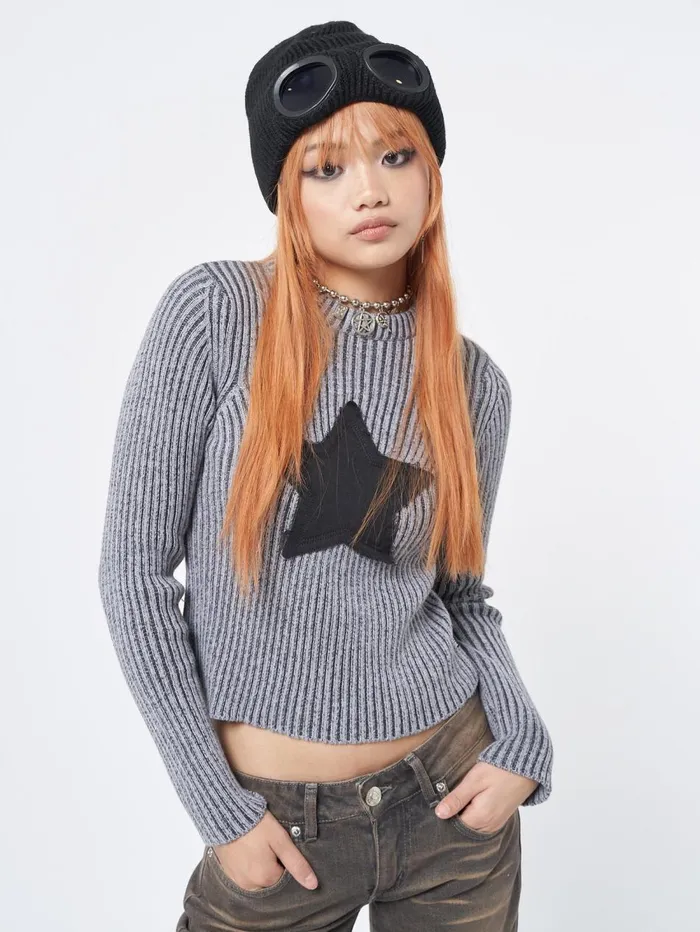 Women Minga London Knitwear Star Black Grey Chunky Knit Jumper