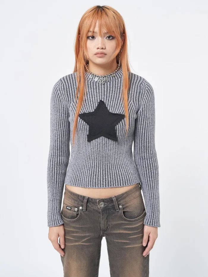 Women Minga London Knitwear Star Black Grey Chunky Knit Jumper