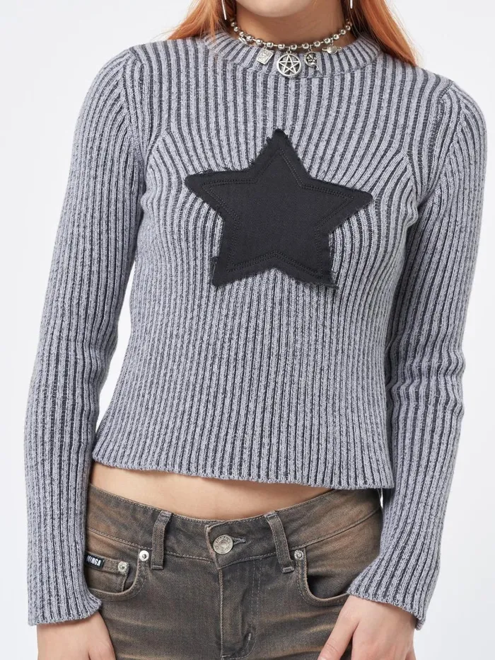 Women Minga London Knitwear Star Black Grey Chunky Knit Jumper