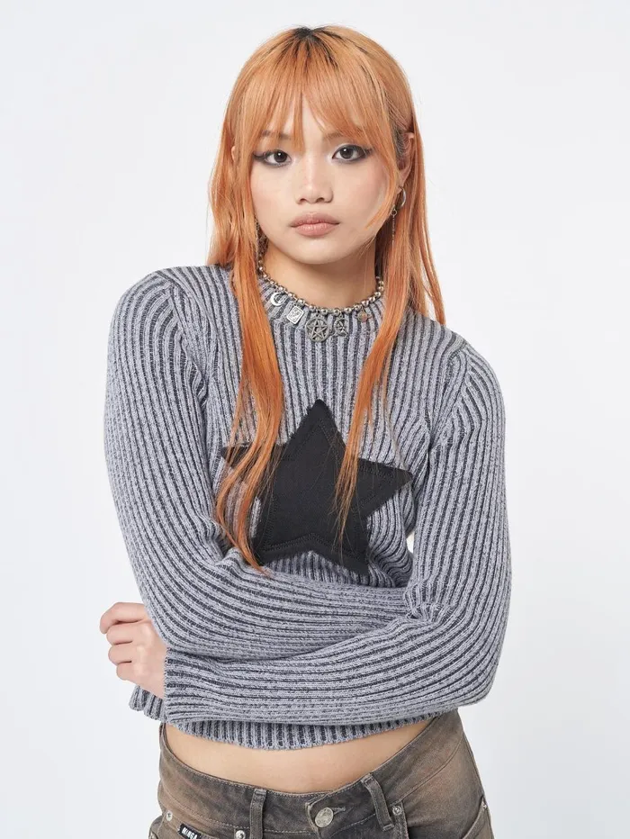 Women Minga London Knitwear Star Black Grey Chunky Knit Jumper