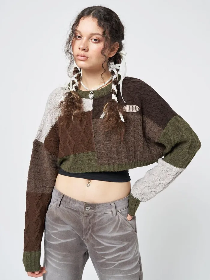 Women Minga London Sweaters and Hoodies Gigi Patchwork Cable Knit Crop Jumper