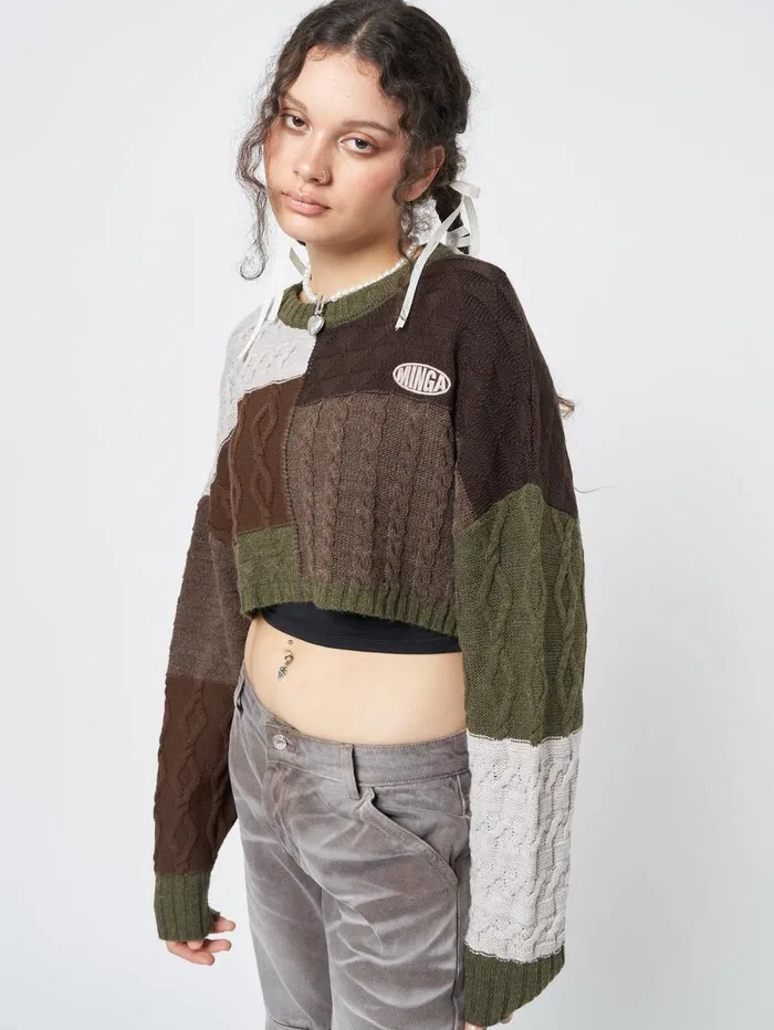 Women Minga London Sweaters and Hoodies Gigi Patchwork Cable Knit Crop Jumper