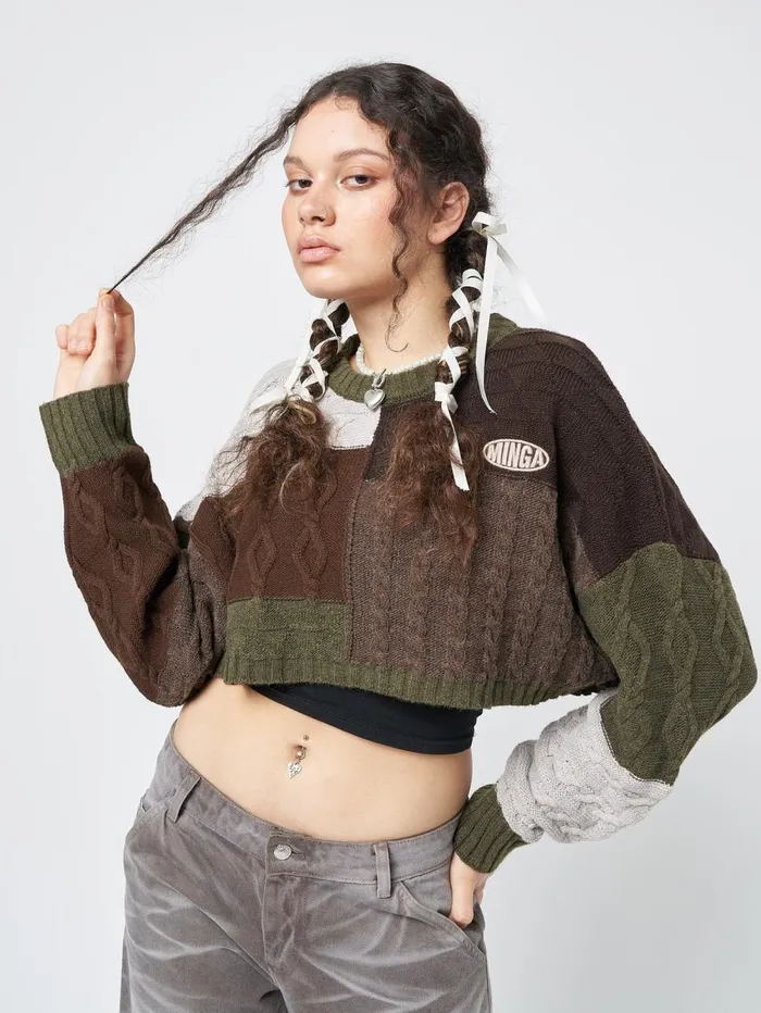 Women Minga London Sweaters and Hoodies Gigi Patchwork Cable Knit Crop Jumper