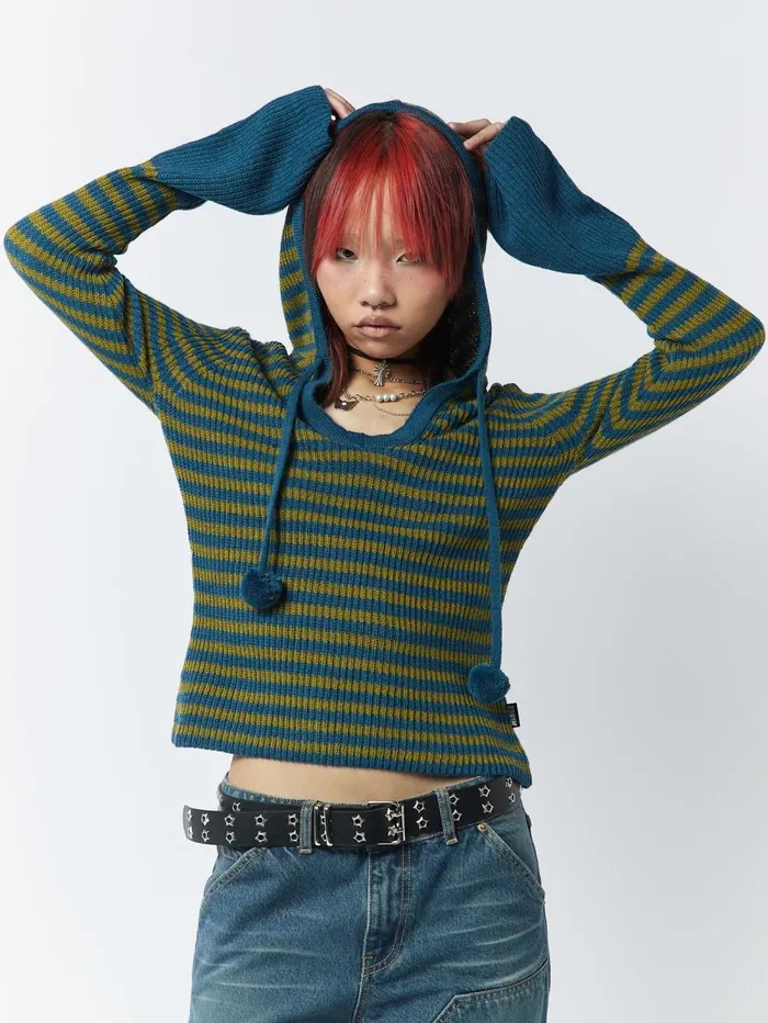Women Minga London Sweaters and Hoodies Regina Green and Blue Knitted Hoodie