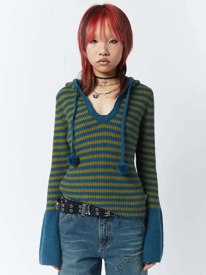 Women Minga London Sweaters and Hoodies Regina Green and Blue Knitted Hoodie