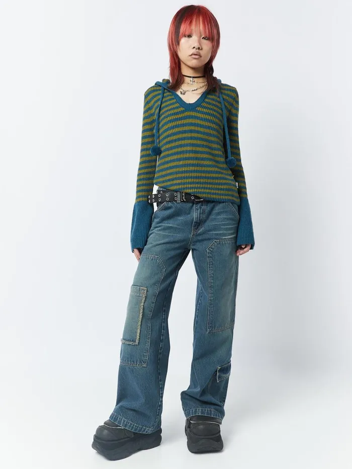 Women Minga London Sweaters and Hoodies Regina Green and Blue Knitted Hoodie