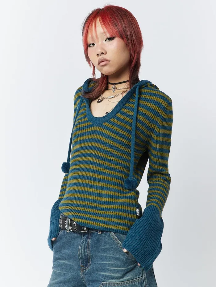 Women Minga London Sweaters and Hoodies Regina Green and Blue Knitted Hoodie