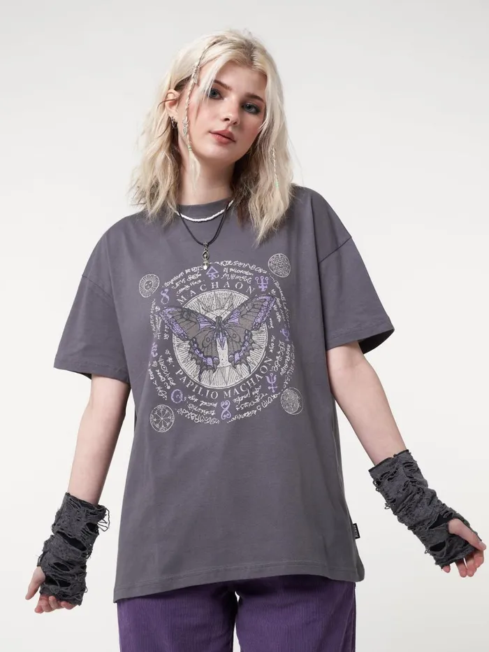 Women Minga London Tops and TShirts Ancient Butterfly Charcoal Grey Tshirt