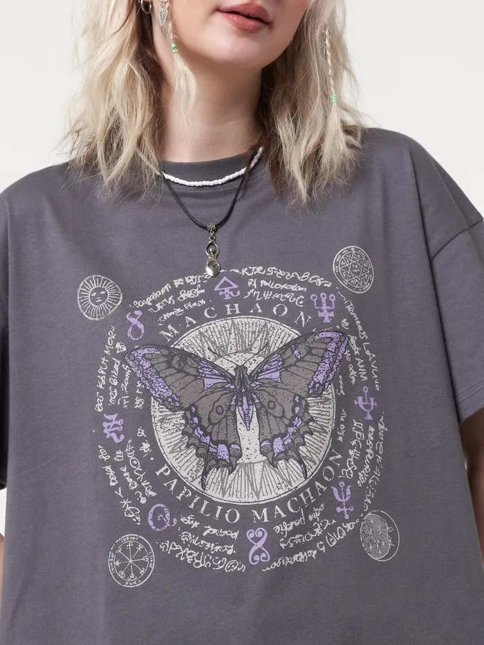 Women Minga London Tops and TShirts Ancient Butterfly Charcoal Grey Tshirt