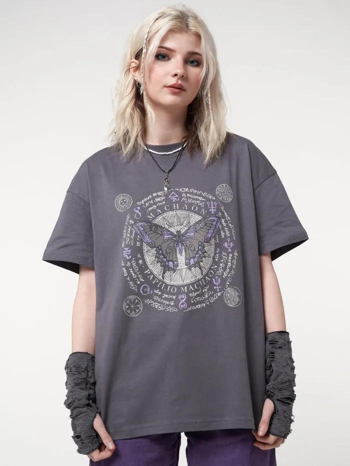 Women Minga London Tops and TShirts Ancient Butterfly Charcoal Grey Tshirt