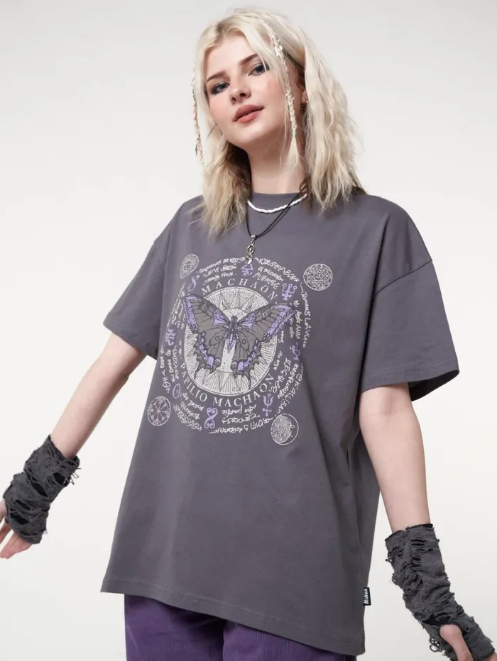 Women Minga London Tops and TShirts Ancient Butterfly Charcoal Grey Tshirt