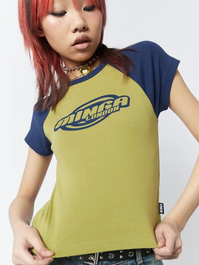 Women Minga London Tops and TShirts Cyber Graphic Print Raglan Baby Tee