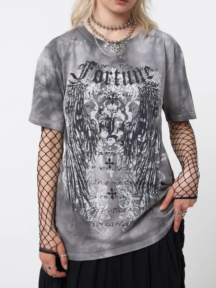 Women Minga London Tops and TShirts Fortune Wings Grey Tie Dye TShirt