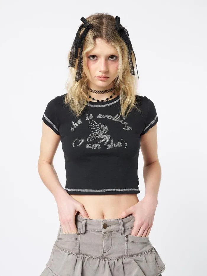 Women Minga London Tops and TShirts She Is Evolving Black Baby Tee