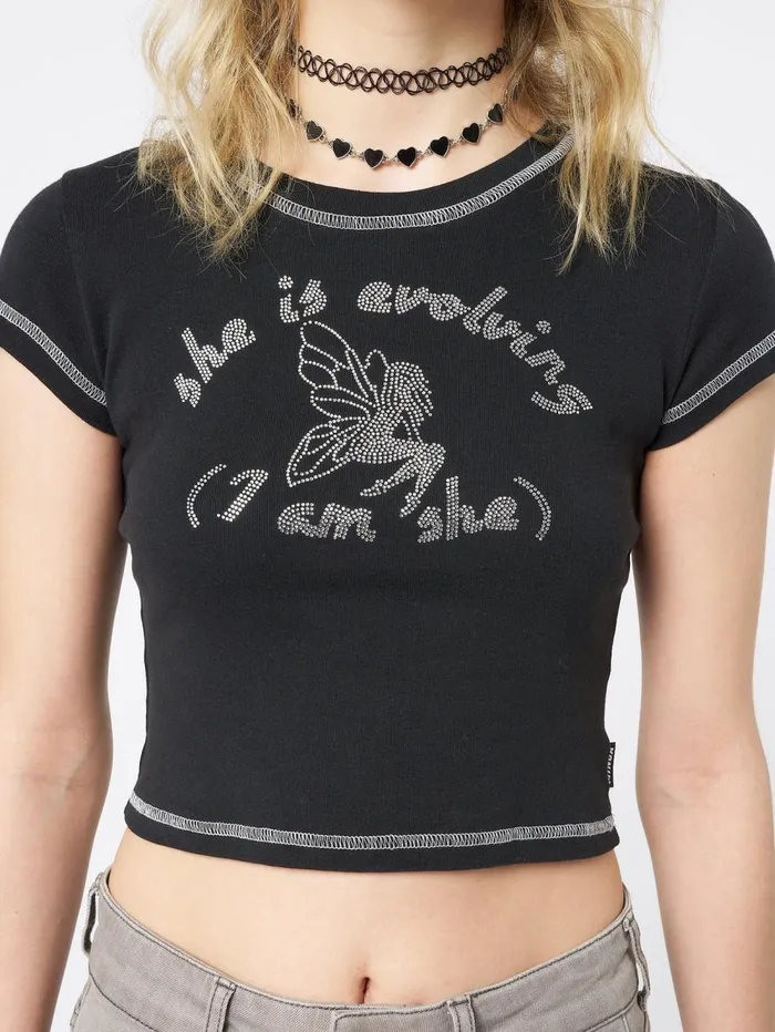 Women Minga London Tops and TShirts She Is Evolving Black Baby Tee